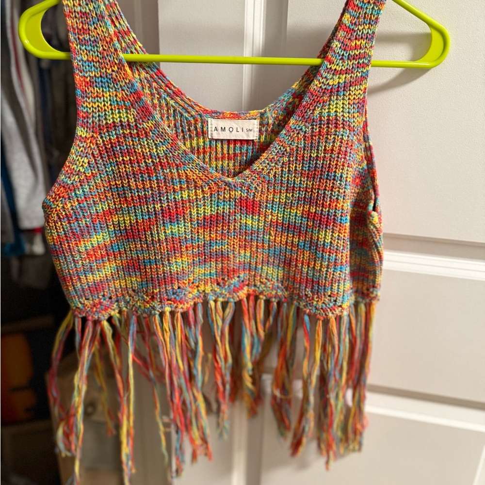 Colorful Knit Fringe Crop Top